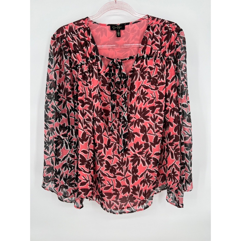 Women's Jessica Simpson Pink and Black Long Sleeve Floral Shirt with Tie